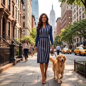 New Fashion Women's Blue Striped Mock Neck Long Sleeve Knit Sweater Dress Size M